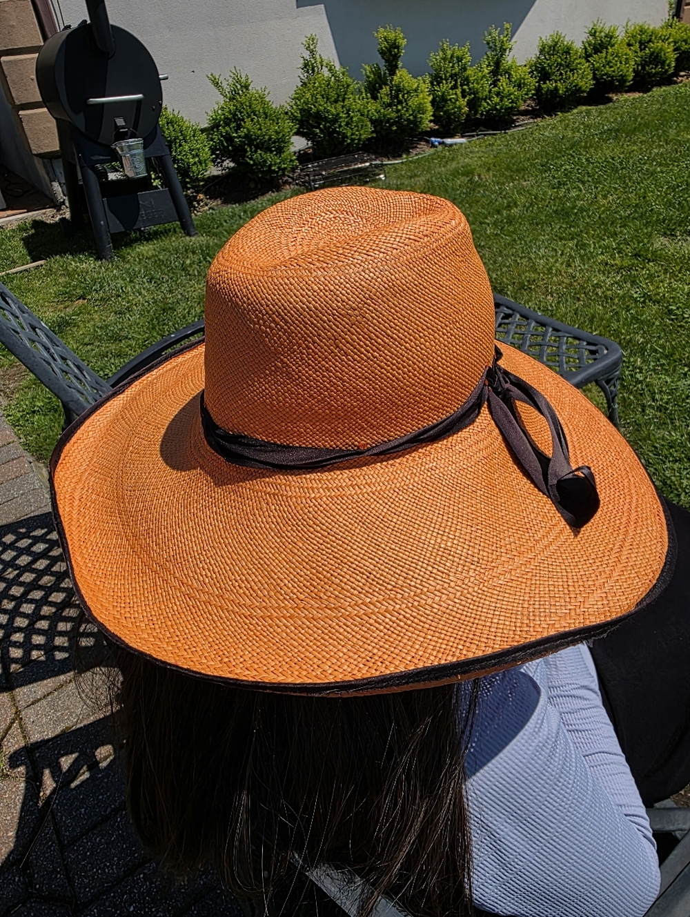 Lola Hats, Orange Wide-Brim Straw Sun Hat with Black/purple Trim, Nwt